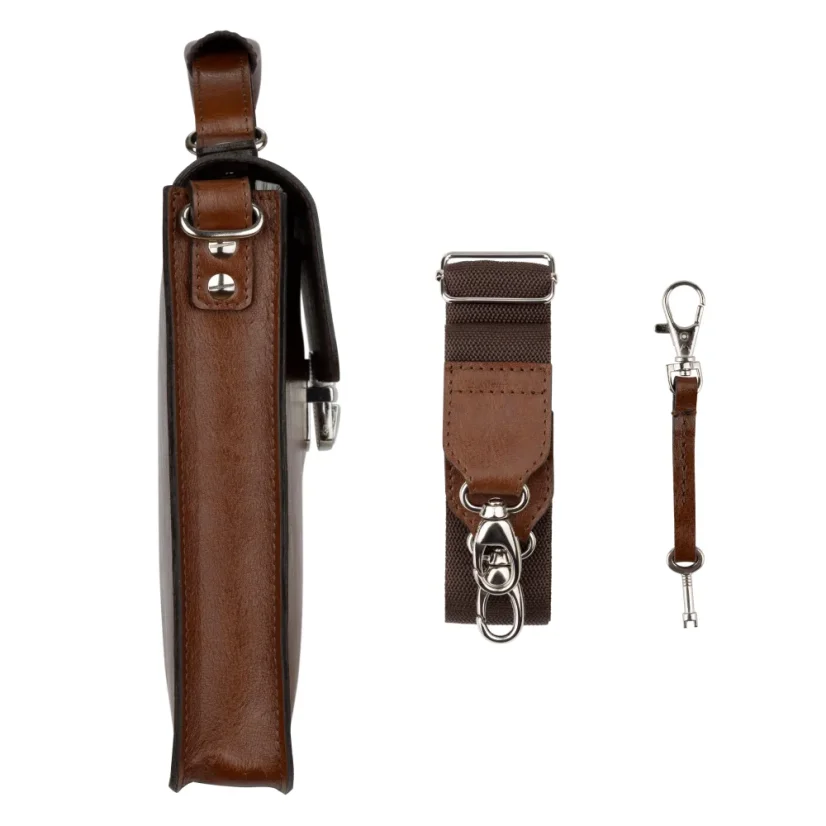 Pánska kožená aktovka MARIMA – bočný pohľad na popruh a kľúč na koženej šnúrke