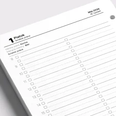 Ukážka rozloženia strán denného diára A5, ktorý poskytuje dostatok priestoru na plánovanie a každodenné poznámky.