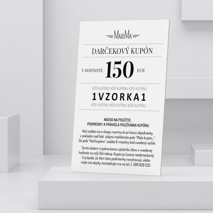 Pevný papier, krásna tlač a čitateľné inštrukcie. Kupón MARIMA pôsobí hodnotne – presne ako tvoj dar.