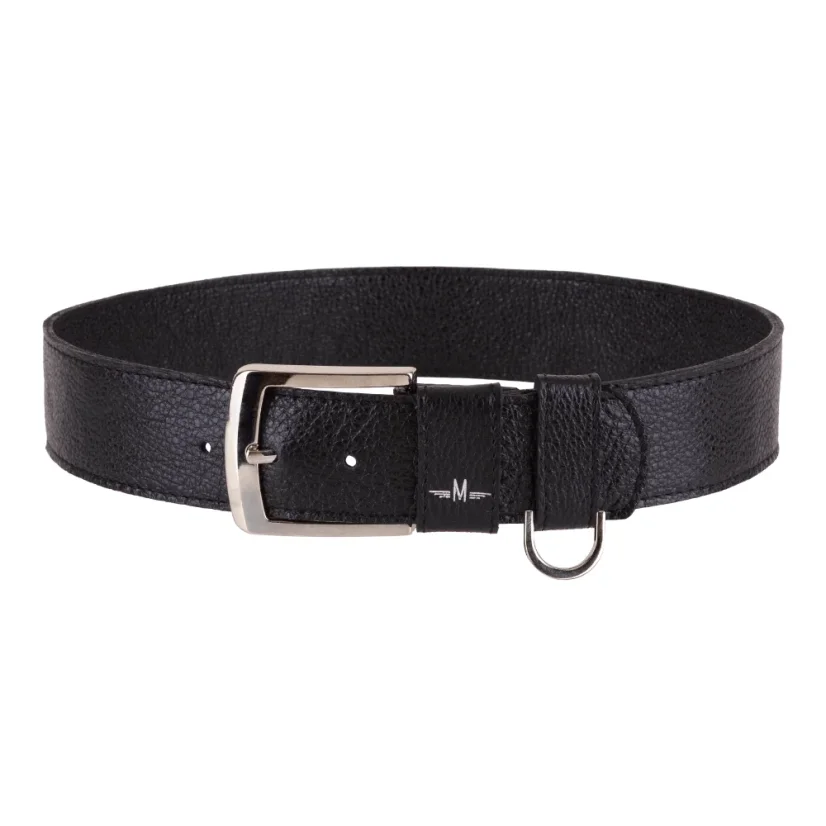 Kožený opasok MARIMA so striebornou prackou, pravá koža, decentné logo M, elegantný unisex doplnok.