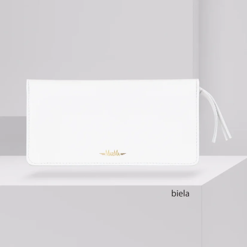 Biela kožená peňaženka MARIMA – čistý dizajn so zlatým logom, kompaktný formát do kabelky aj do ruky