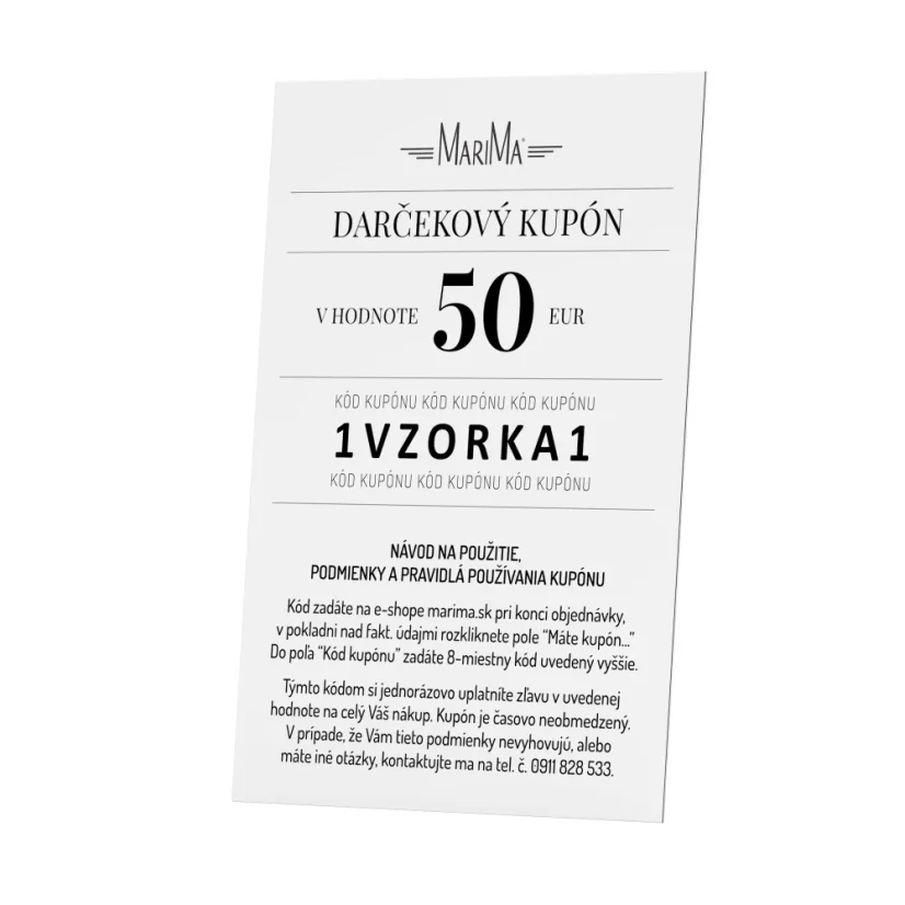 DARČEKOVÝ KUPÓN - MARIMA - Hodnota: Darčekový kupón v hodnote 50€, elegantný fyzický poukaz